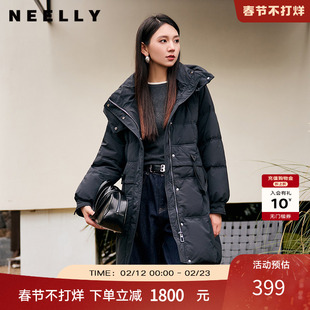 NEELLY纳俪商场同款冬季新款90%鸭绒宽松保暖连帽羽绒服女中长款