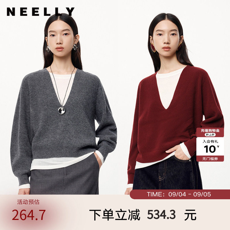 NEELLY纳俪春秋新款商场同款绵羊毛纯色通勤针织衫女软糯内搭毛衣