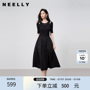 NEELLY纳俪商场同款夏新款气质针织拼接连衣裙女收腰挖肩设计长裙