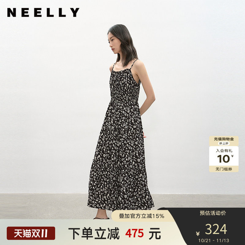 NEELLY纳俪商场同款夏季新款减龄俏皮碎花吊带连衣裙女收腰中长裙