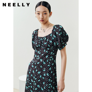 NEELLY纳俪商场同款 法式 满印连衣裙女方领泡泡袖 收腰A字裙中长款