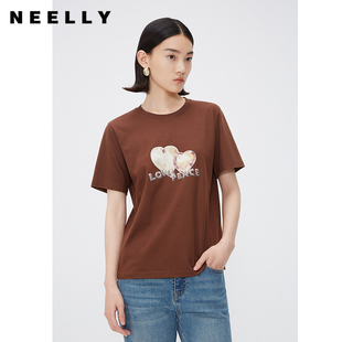 可可棕圆领100%棉T恤女通勤宽松时尚 NEELLY纳俪商场同款 印花上衣