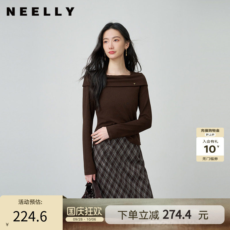 NEELLY纳俪商场同款秋季新款复古设计感针织衫女修身摩登感上衣