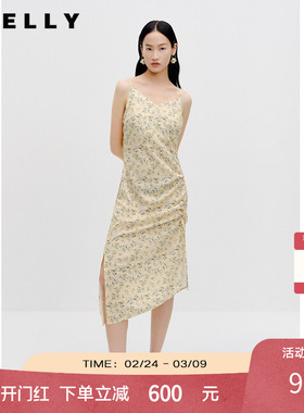 NEELLY纳俪商场同款碎花吊带裙无袖长裙新款黄色显瘦收腰A字裙春