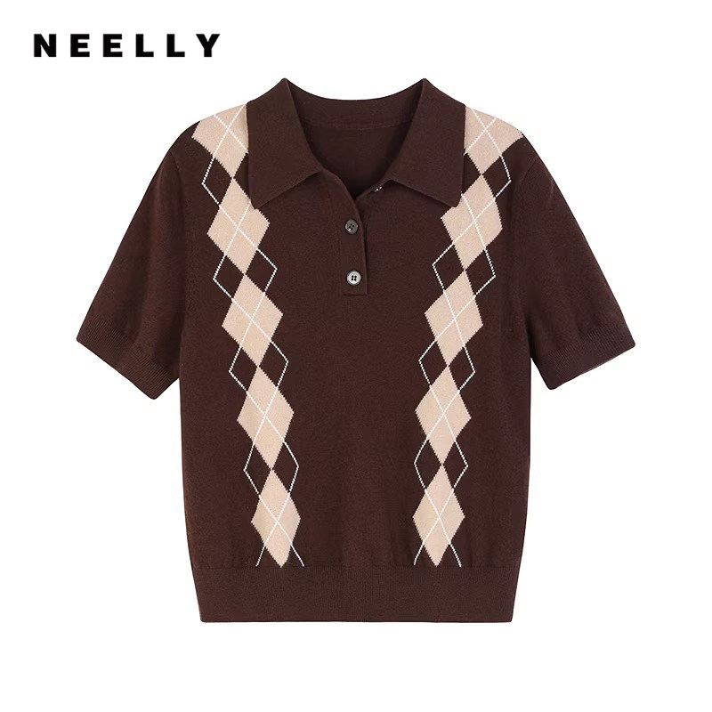 NEELLY纳俪商场同款春秋新款菱格针织短袖设计上衣女减龄针织衫