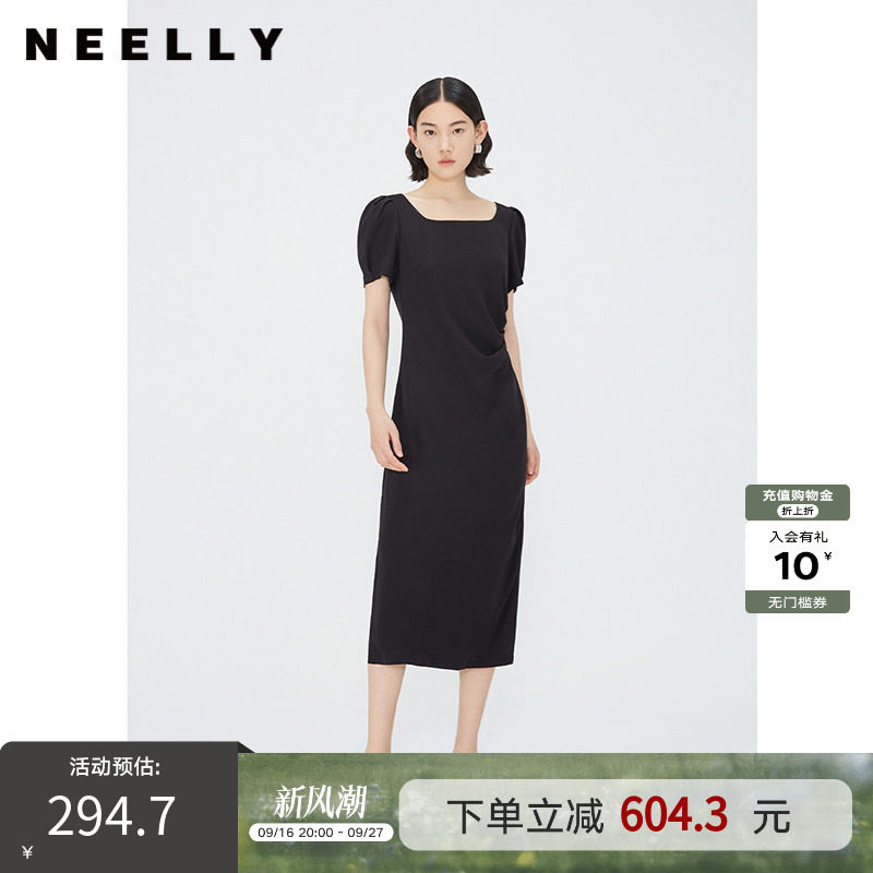 NEELLY纳俪商场同款夏季新款泡泡袖连衣裙女褶皱显瘦方领气质长裙