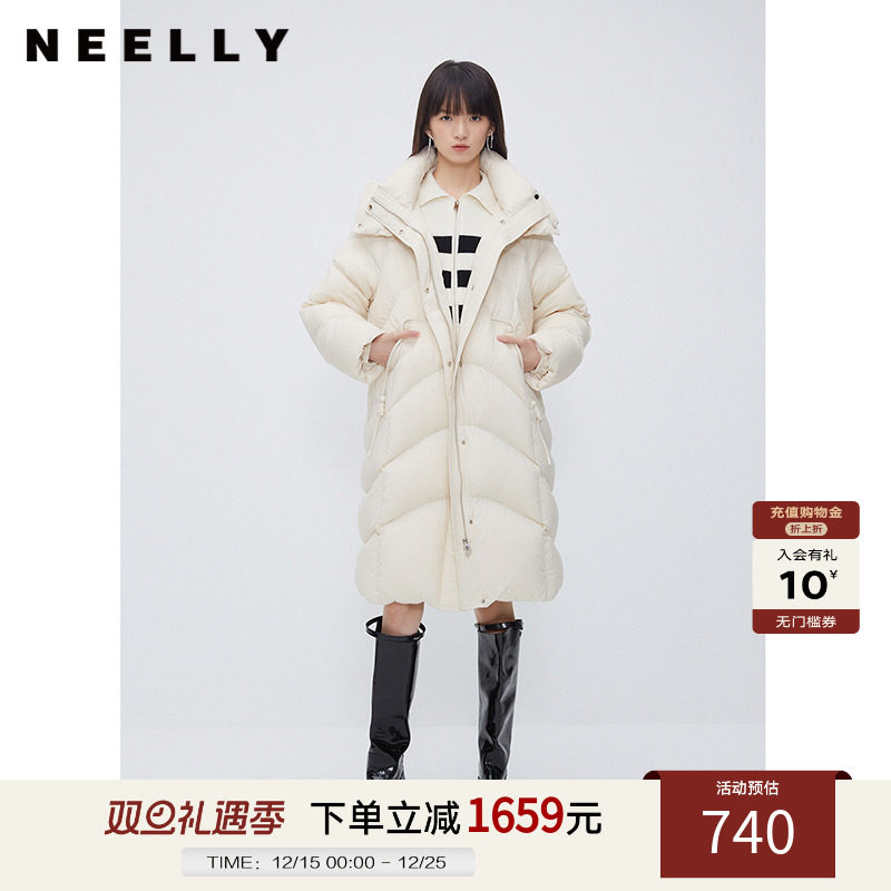 NEELLY纳俪商场同款茧型加厚羽绒服女冬季韩版连帽中长款过膝外套