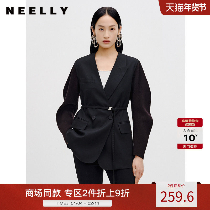 NEELLY纳俪商场同款黑色西装外套秋新款双排扣系带高级气质感女