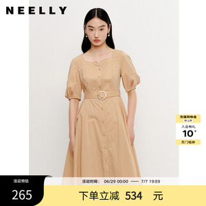 NEELLY纳俪商场同款法式连衣裙女夏季牛角袖收腰显瘦中长款A字裙