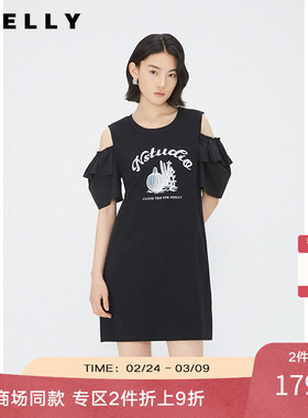 NEELLY纳俪商场同款黑色圆领露肩连衣裙女夏季纯棉印花休闲直筒裙