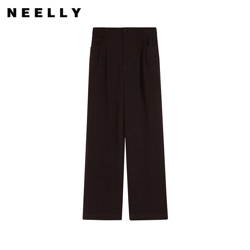 NEELLY纳俪商场同款冬季新款高腰显瘦长裤女纯色简约阔腿休闲裤