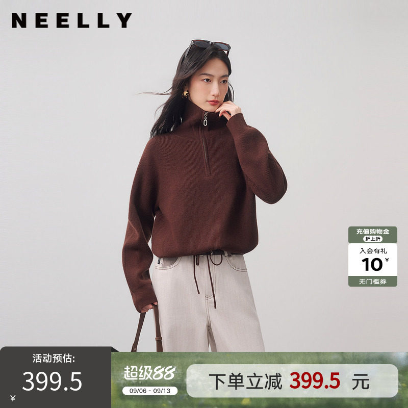 NEELLY纳俪商场同款冬新款休闲翻领半拉链针织衫女高级感宽松上衣