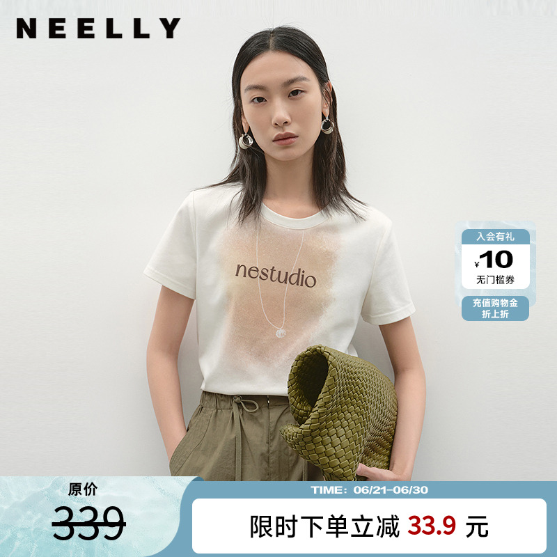 NEELLY纳俪商场同款夏季新款简约字母印花T恤女质感潮流时尚短袖
