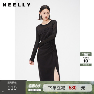 NEELLY纳俪商场同款春秋款黑色抽褶显瘦连衣裙女修身开叉长袖长裙