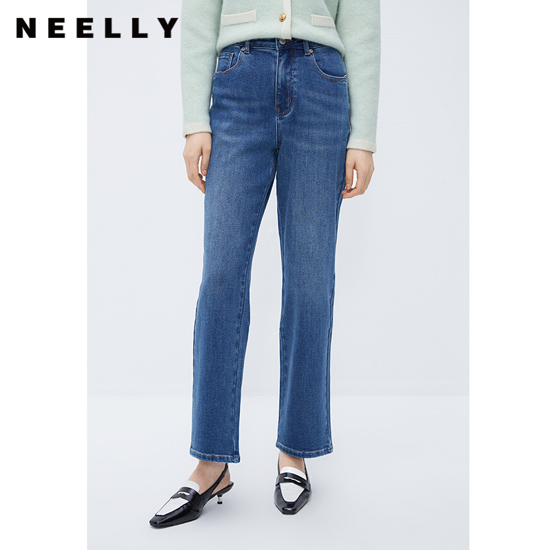 蓝色牛仔直筒裤女NEELLY纳俪商场同款冬基础款休闲宽松百搭法棍裤