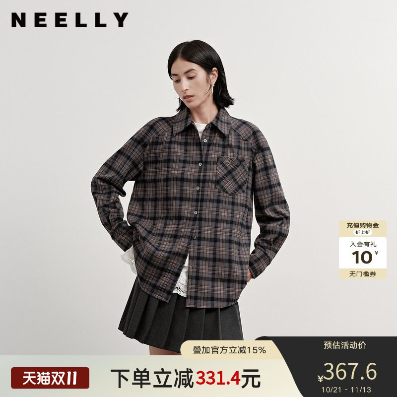 NEELLY纳俪商场同款冬季新款复古宽松格纹衬衫女韩版百搭短衬衣