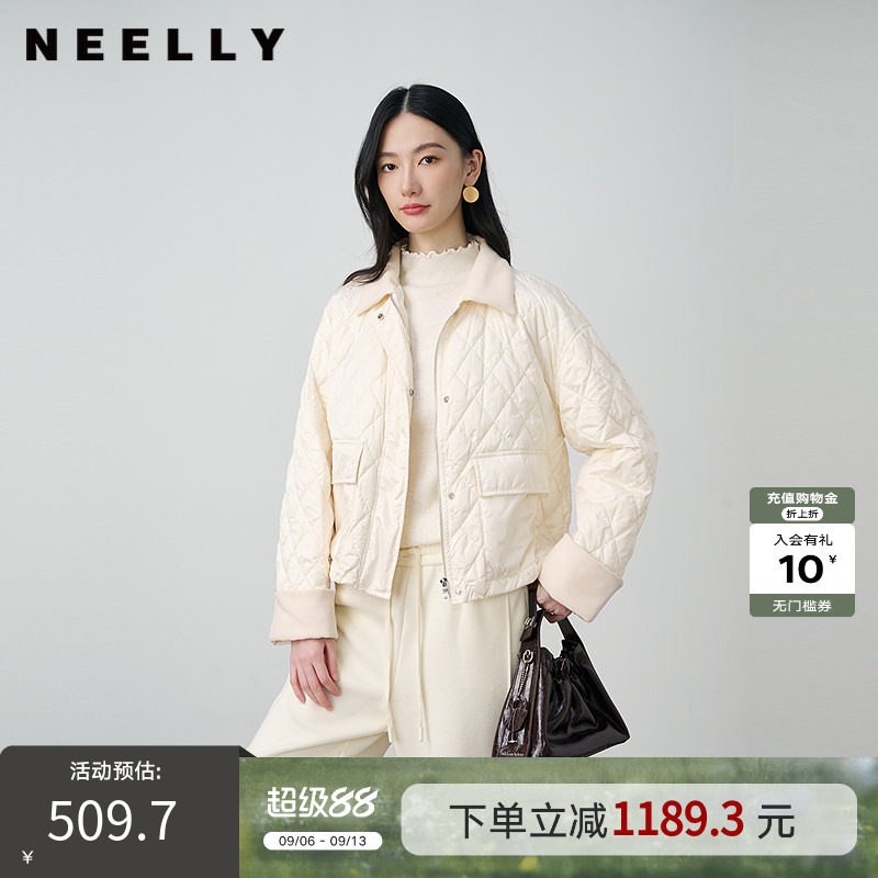 NEELLY纳俪商场同款冬季新款轻薄白鸭绒翻领短款毛领羽绒服外套女