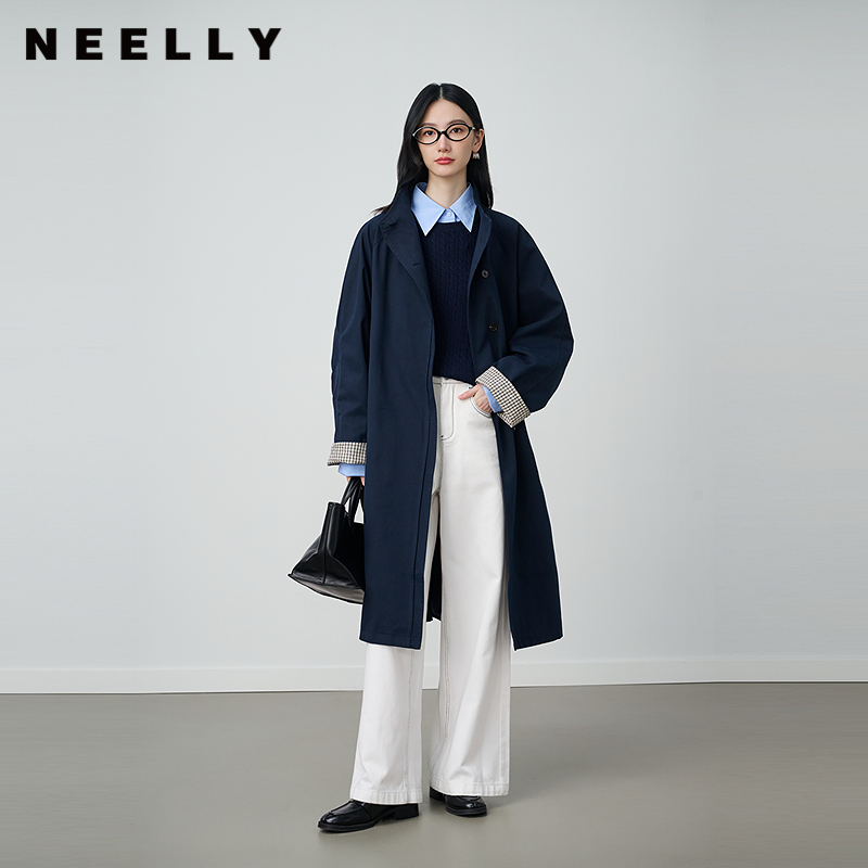 NEELLY纳俪商场同款秋冬新款条纹撞色休闲廓形长风衣女时尚外套