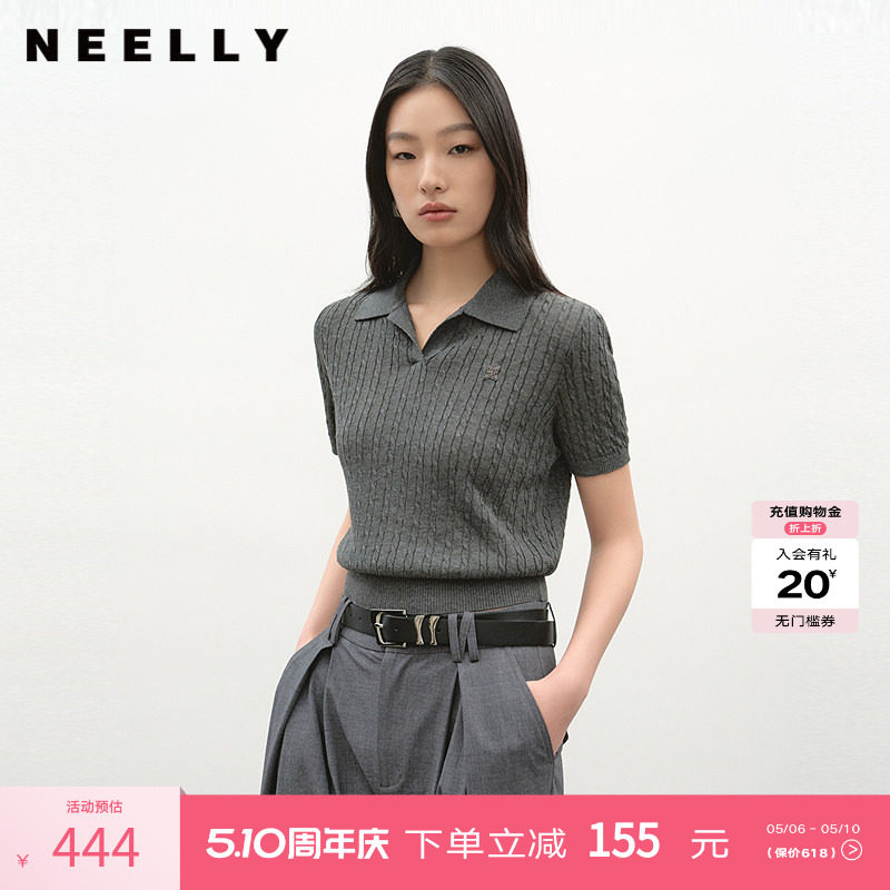 NEELLY纳俪商场同款夏新款经典简约POLO领针织短袖女宽松舒适上衣