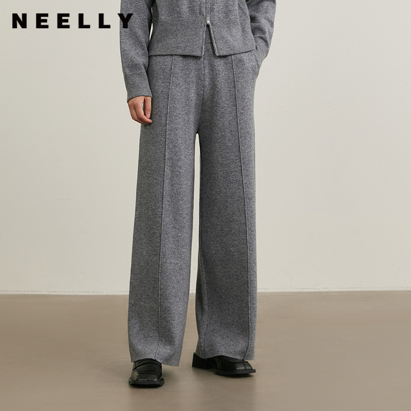 NEELLY纳俪商场同款冬新款宽松直筒休闲裤女小个子通勤针织长裤