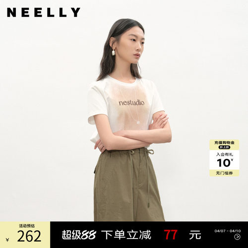NEELLY纳俪商场同款夏季新款简约字母印花T恤女质感潮流时尚短袖