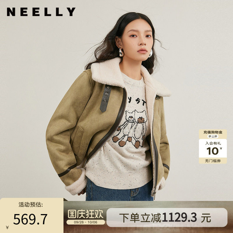 NEELLY纳俪商场同款冬新款翻领简约外套女百搭潮流时尚保暖机车服