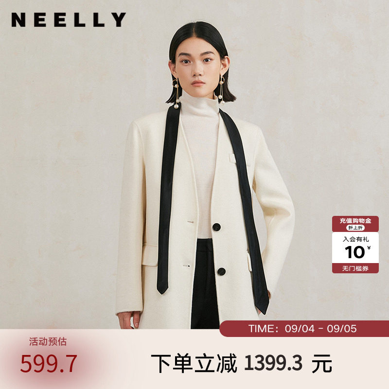NEELLY纳俪商场同款冬季新款气质通勤一手长双面呢大衣女羊毛外套