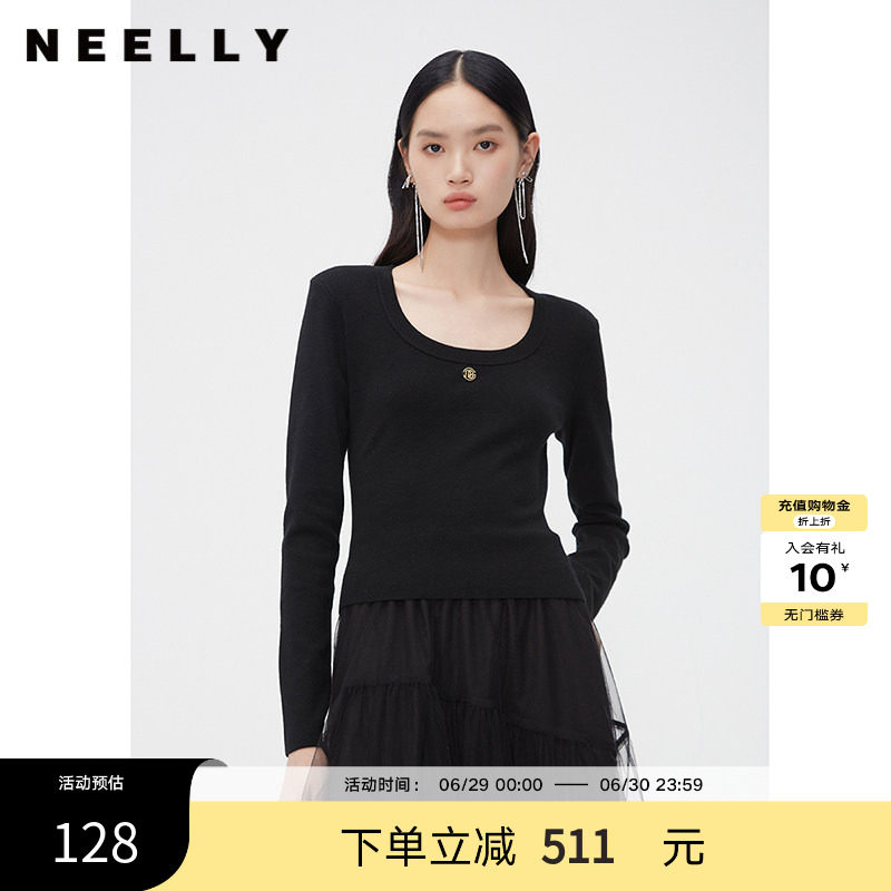 NEELLY纳俪商场同款春秋新款圆领修身纯色打底针织衫女显瘦羊毛衫
