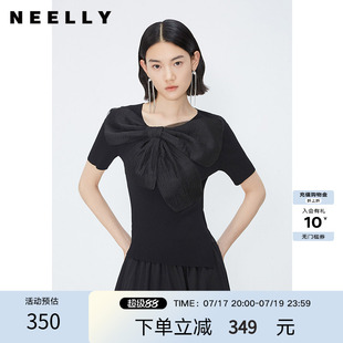 NEELLY纳俪商场同款夏季新款黑色套头针织衫女薄款网纱蝴蝶结上衣
