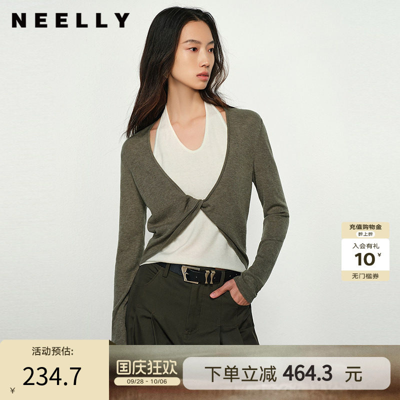 NEELLY纳俪商场同款春新款设计感假两件针织衫女高级显瘦挂脖上衣