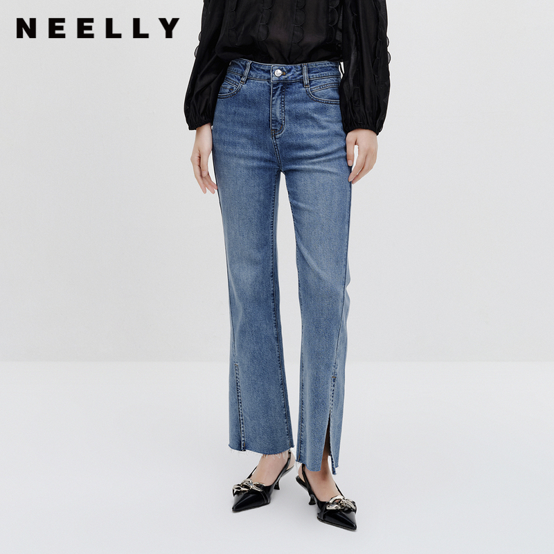 NEELLY纳俪商场同款秋新款蓝色牛仔裤女修身阔腿微喇长裤百搭时尚