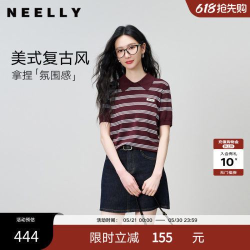 NEELLY纳俪商场同款夏新款复古尖领条纹POLO衫女通勤休闲针织T恤