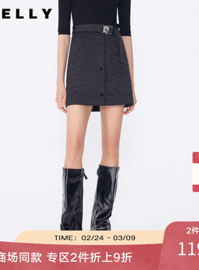 NEELLY纳俪春秋新款商场同款工装风通勤高腰半身裙女黑色显瘦短裙