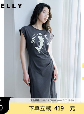 NEELLY纳俪商场同款夏季新款烟灰色收腰休闲连衣裙女印花褶皱长裙