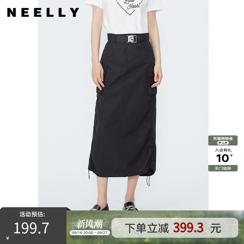 NEELLY纳俪商场同款夏新款美式复古工装半裙女抽绳褶皱后开叉腰裙