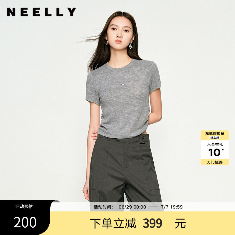 NEELLY纳俪商场同款春秋新款圆领修身短袖针织衫女显瘦透气上衣