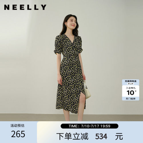 NEELLY纳俪商场同款夏新款法式复古碎花连衣裙女性感开衩收腰长裙