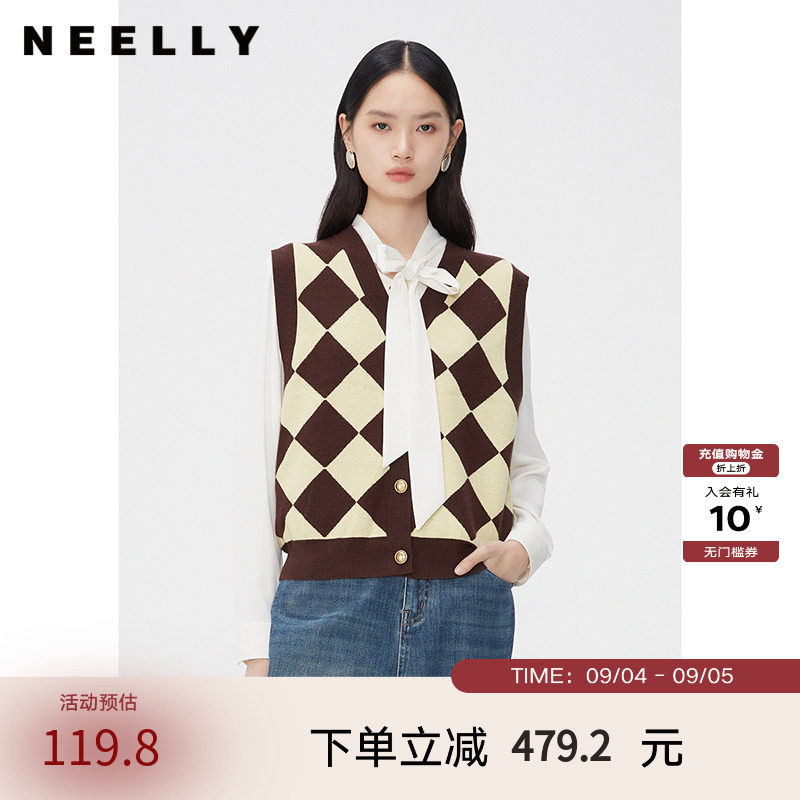 NEELLY纳俪商场同款棋盘格撞色针织马甲女春秋V领叠穿百搭无袖