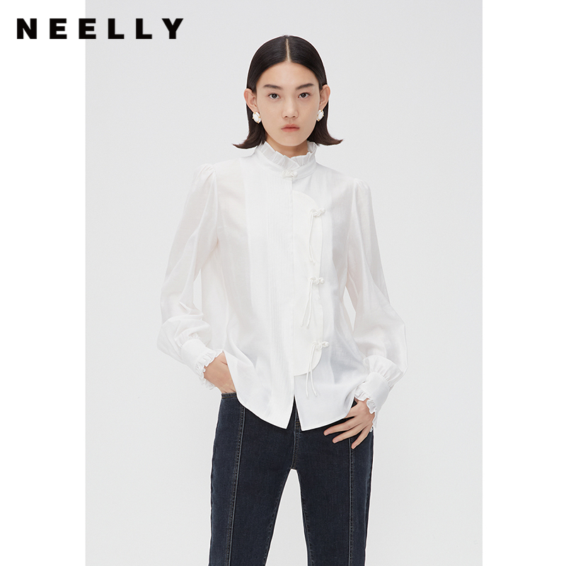 NEELLY纳俪商场同款秋新中式盘扣衬衫女设计感小众气质高级感衬衣