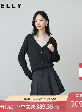 NEELLY纳俪商场同款春新款设计感假两件挂脖针织衫女休闲百搭上衣