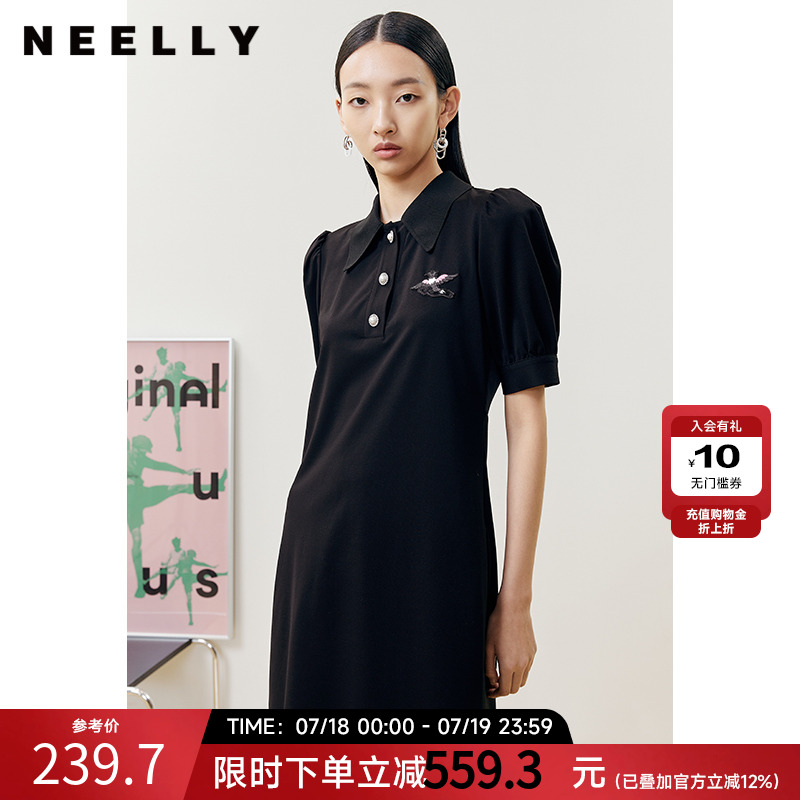 NEELLY纳俪商场同款POLO领连衣裙女后背设计蝴蝶结蕾丝拼接A字裙