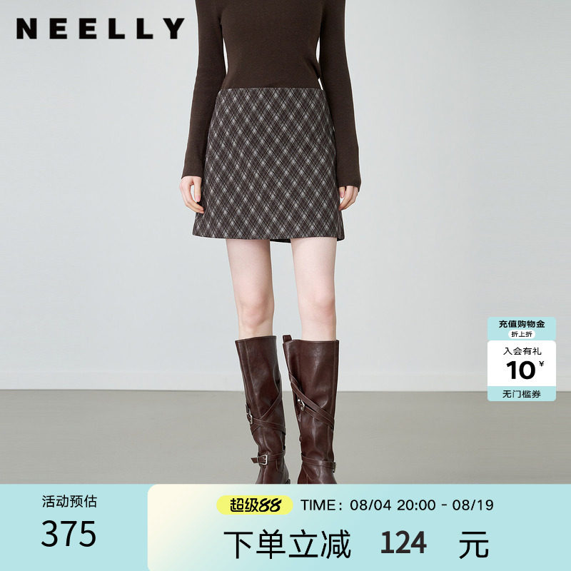 NEELLY纳俪商场同款秋季新款复古百搭格纹短裙女慵懒显瘦A字裙