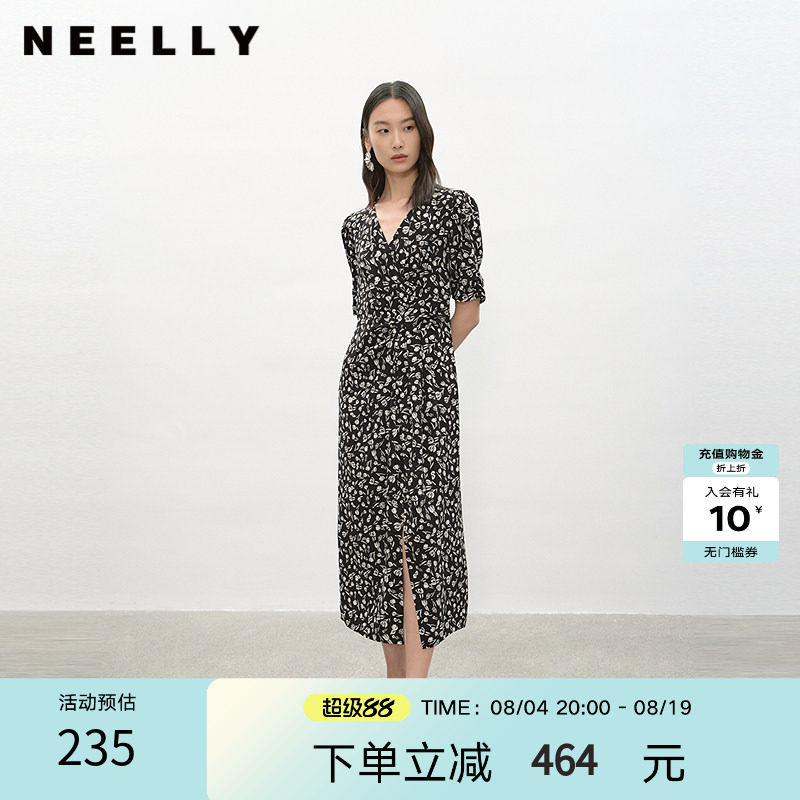 NEELLY纳俪商场同款夏季新款复古黑白碎花连衣裙女休闲舒适中长裙