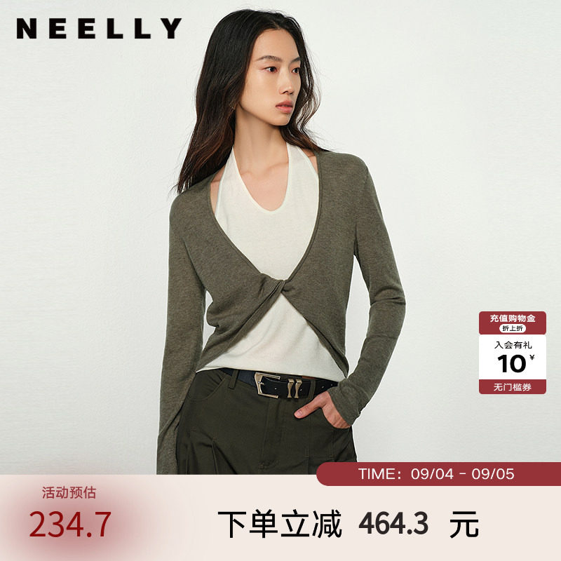 NEELLY纳俪商场同款春新款设计感假两件针织衫女高级显瘦挂脖上衣