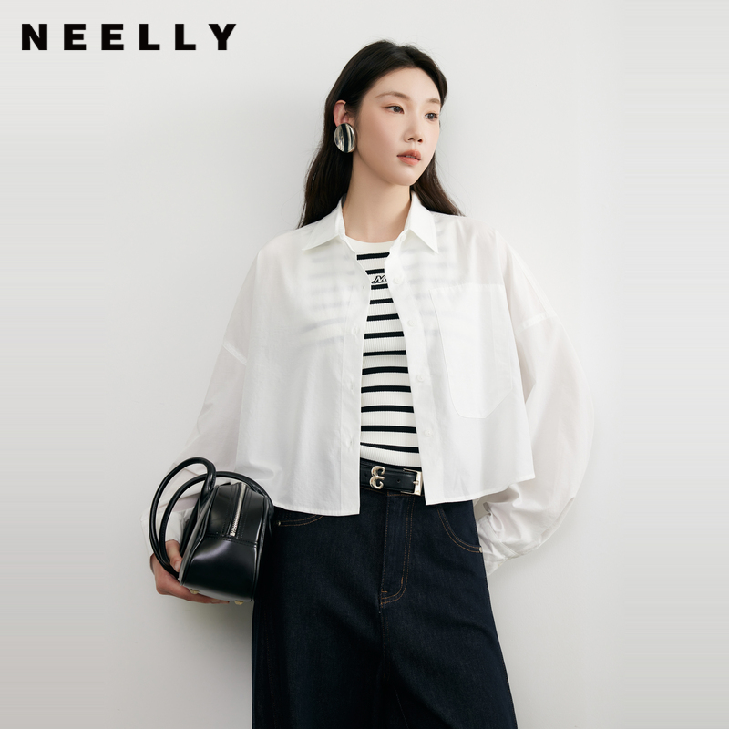 NEELLY纳俪商场同款秋冬新款通勤百搭衬衫女短款简约纯色宽松上衣