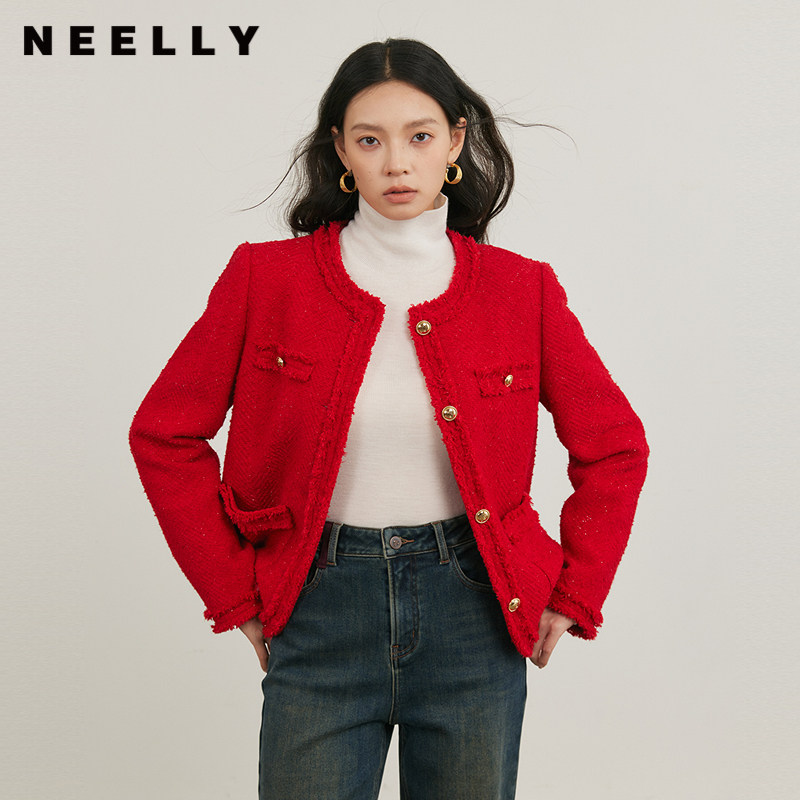 NEELLY纳俪商场同款冬季新款毛边小香风圆领外套女简约通勤上衣
