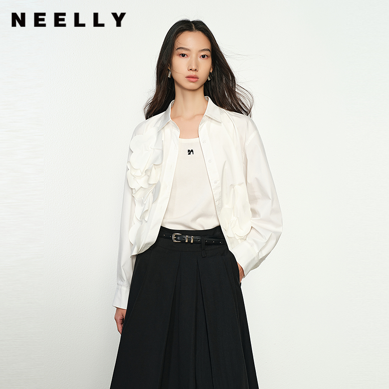 NEELLY纳俪商场同款秋冬新款立体装饰花朵长袖衬衫女纯色衬衣通勤
