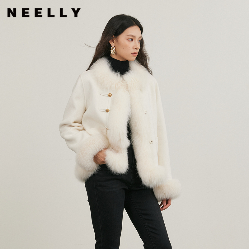 NEELLY纳俪商场同款冬季新款显白圆领贵气感羊毛呢大衣女短款外套
