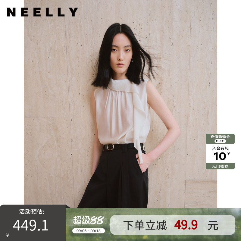 NEELLY纳俪商场同款秋新款气质飘带无袖雪纺衫女通勤百搭柔感上衣