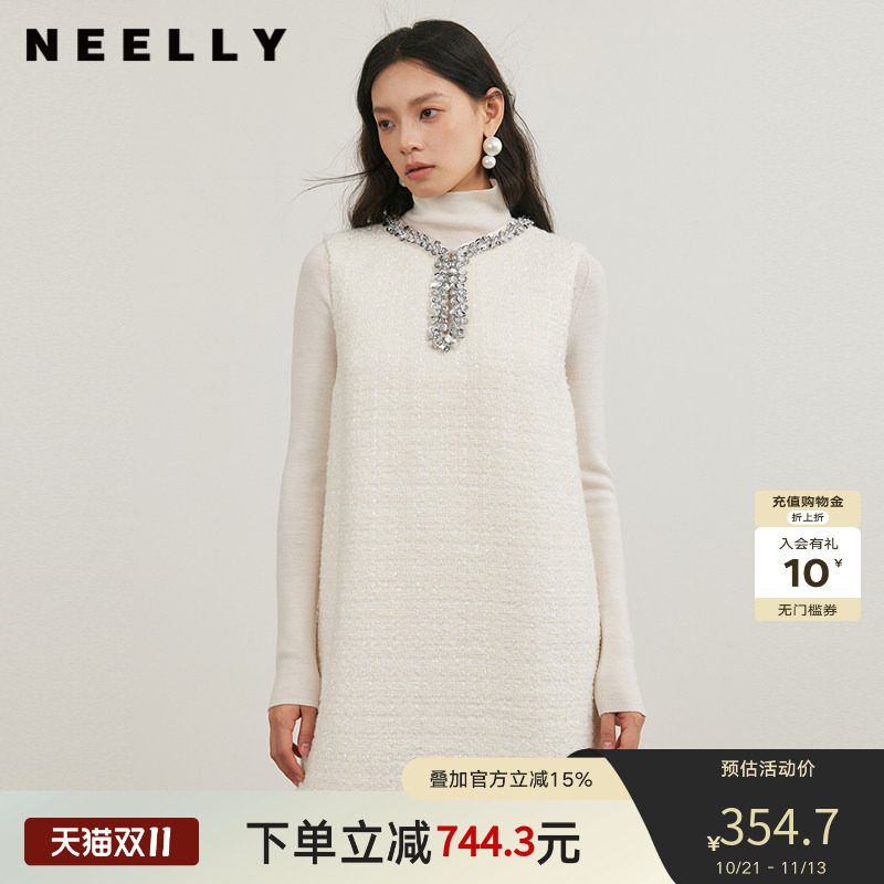 NEELLY纳俪商场同款冬季新款小香风圆领背心裙女直筒显瘦连衣裙